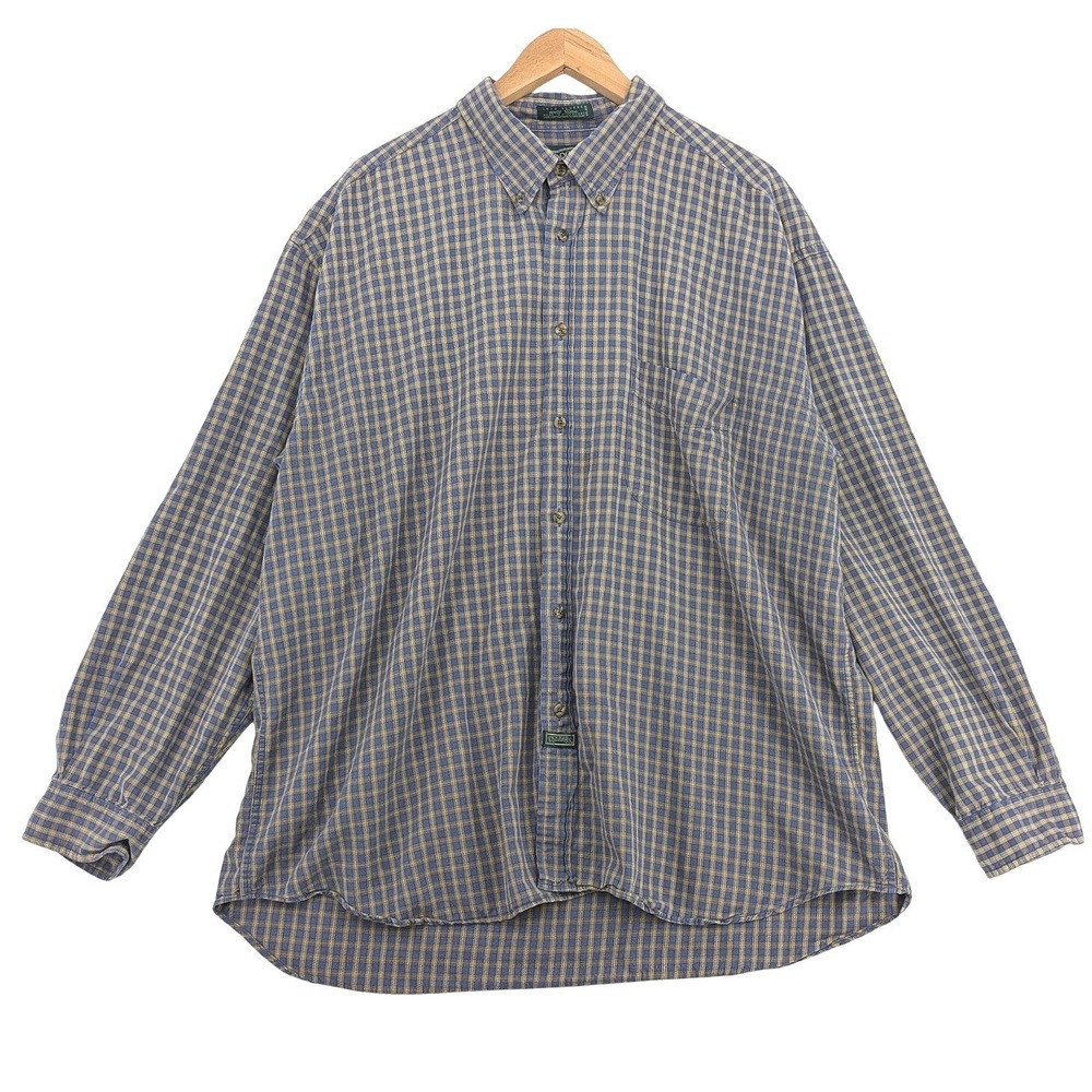 Vintage Dockers Authentic Long Sleeve Plaid Shirt Mens XL Blue Tan 100% Cotton